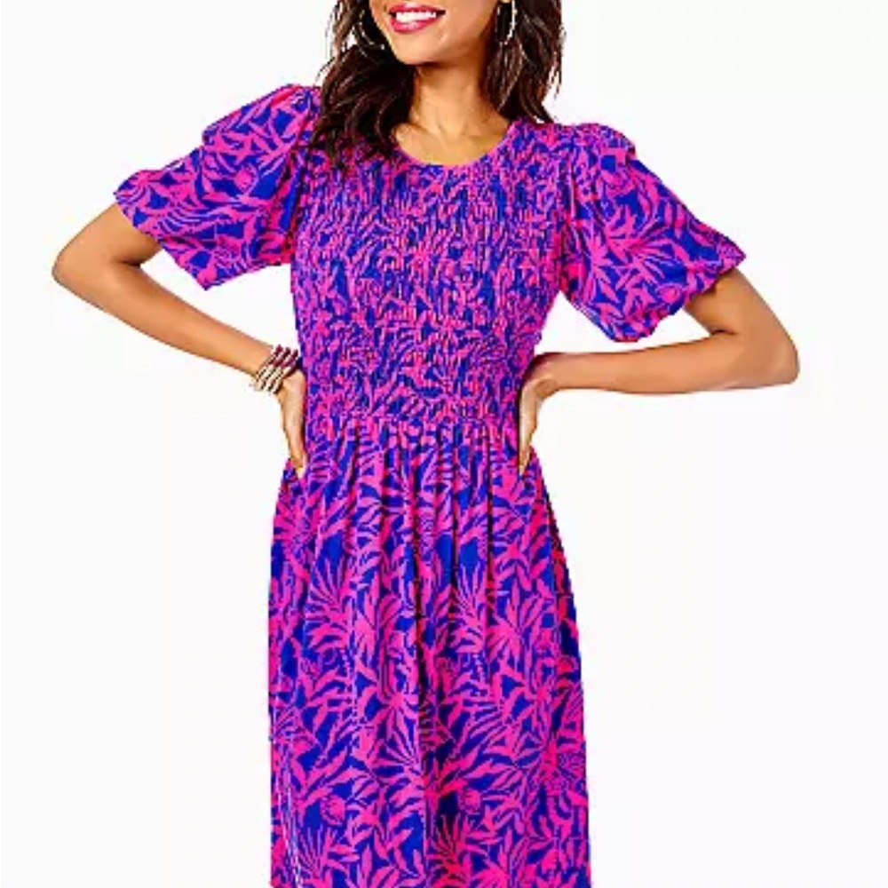 Lilly Pulitzer Pink and Blue Puff Sleeve Midi Dress